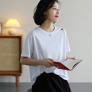 Áo T-shirt ngắn tay cổ tròn thêu chú cón nhỏ - NU10083