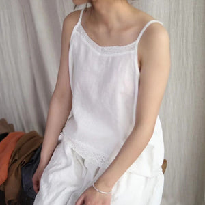 Áo T-shirt linen hai dây sát nách cổ V kiểu ren viền - NU8418