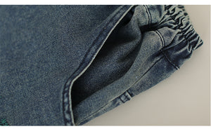 Chân váy denim lưng thun thêu retro bạc màu - V027