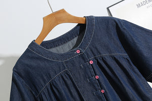 Đầm liền denim ngắn tay xòe cổ tròn khuy cài - NU10374