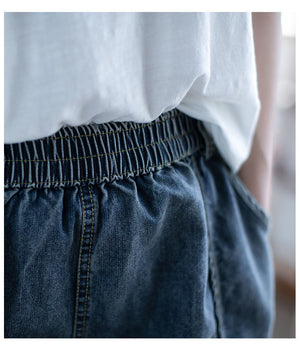 Quần sooc denim lưng thun túi bo tròn đính khuy - NU10445