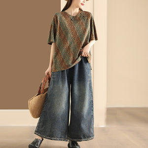 Áo T-shirt ngắn tay cổ tròn khuy cài in hoa lá sọc chéo - NU10003