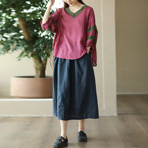Chân váy linen lưng thun hai túi chéo đính khuy kiểu - NU9871