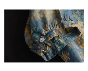 Áo sơ mi linen ngắn tay cổ V xếp ly in hoa liti - NU8926