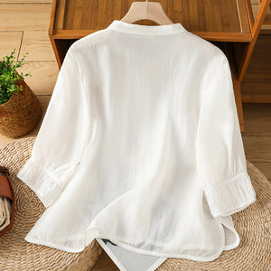 Áo sơ mi linen ngắn tay cổ đứng thêu miếng vá hoa lá  - A852