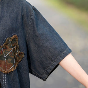 Bộ đồ denim gồm áo T-shirt ngắn tay và quần baggy thêu hoa sen - B017