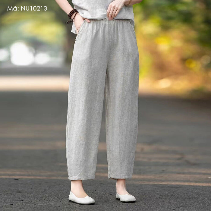 Quần baggy linen lưng thun hai túi chéo tua rua - NU10211