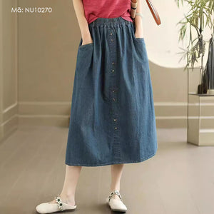 Chân váy denim lưng thun đính khuy đôi túi sau - NU10270