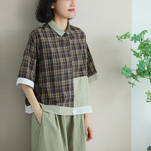 Áo sơ mi ngắn tay cổ đức kẻ caro phối mảng màu - NU10172