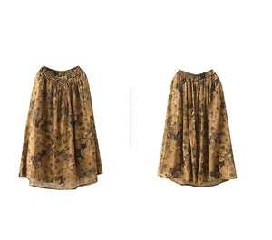 Chân váy linen retro lưng thun in hoa lá - NU10064