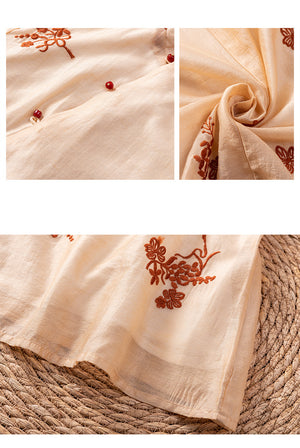 Áo sơ mi linen ngắn tay cổ đứng thêu hoa lá xoắc ốc - NU9991
