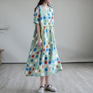 Đầm liền linen ngắn tay cổ tròn eo kiểu thắt dây - D047