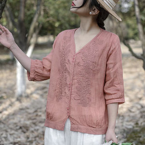 Áo sơ mi linen ngắn tay cổ V thêu mùa hè - NU10043