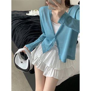 Áo khoác cardigan len dệt kim dài tay cổ V bốn khuy - NU9114