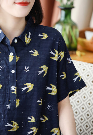 Áo sơ mi linen ngắn tay cổ đức in những chú chim - NU8815