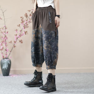 Quần baggy lửng denim lưng thun dây rút in hoa văn - NU8674