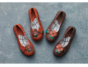 Giày da morigirl retro đế bằng đính hai hoa - OD2274