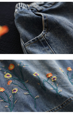 Chân váy denim lưng thun ba khuy cài thêu hoa lá - V007