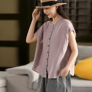 Áo sơ mi linen sát nách cổ tròn xếp ly - A812