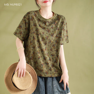 Áo T-shirt dệt kim ngắn tay cổ tròn in hoa lá - NU9852
