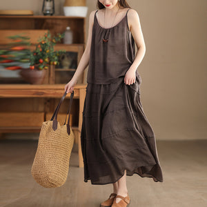 Chân váy linen lưng thun một màu kiểu xếp tầng - NU9925