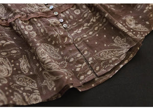 Áo sơ mi linen ngắn tay cổ V in retro kiểu đính ren - NU8930