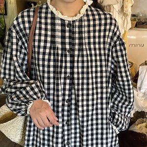 Đầm liền linen Morigirl dài tay cổ tròn kẻ caro - D040