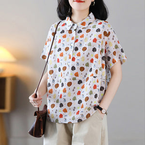 Áo sơ mi ngắn tay cổ đức in hoa lá retro khuy vạt - NU8845