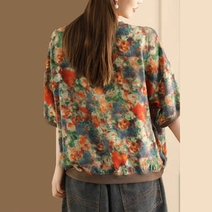 Áo T-shirt linen ngắn tay cổ tròn in hoa lá bo viền - A763