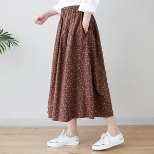 Chân váy linen retro lưng thun túi chéo in hoa liti - V012