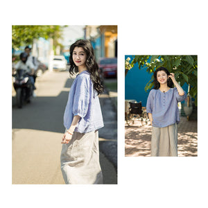 Áo sơ mi linen ngắn tay cổ tròn xếp ly - NU9978