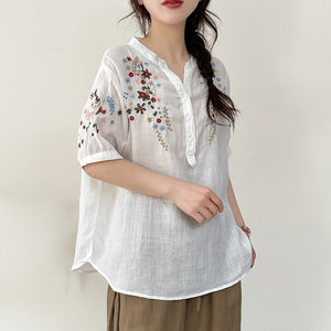 Áo sơ mi linen ngắn tay cổ V thêu hoa lá đối xứng - NU10157