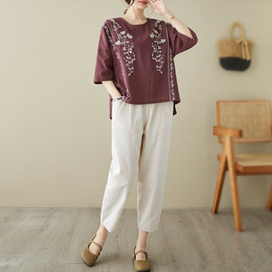 Áo T-shirt linen ngắn tay cổ tròn thêu đối xứng - NU9093