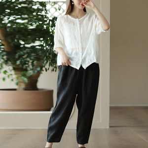 Áo sơ mi linen ngắn tay cổ tròn thêu hoa lá đồng màu - NU9850