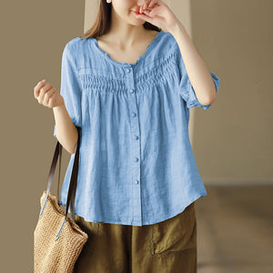 Áo sơ mi linen ngắn tay cổ tròn xếp ly retro - NU10342
