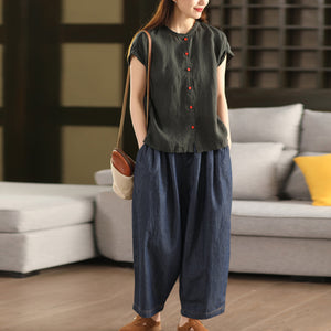 Áo sơ mi linen ngắn tay cổ tròn xếp ly - A804