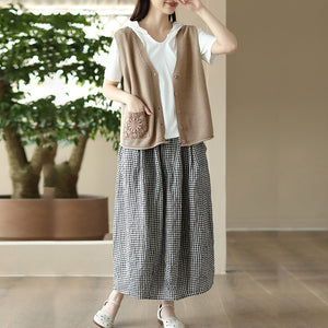 Chân váy linen caro lưng thun khuy cài hai túi chéo - NU8804
