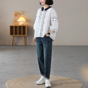 Áo sơ mi dài tay cổ tròn bẻ thêu hoa lá đối xứng - NU9074