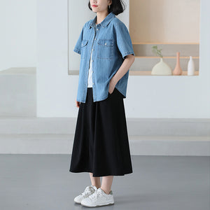 Áo sơ mi denim ngắn tay cổ đức hai túi - NU10069