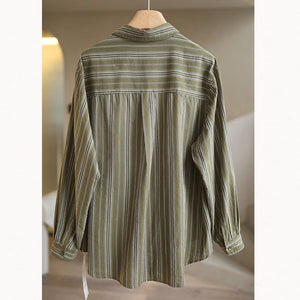 Áo sơ mi linen dài tay cổ đức kẻ sọc hai túi - NU9796