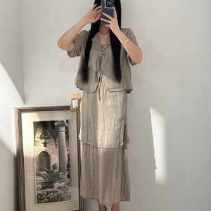 Áo sơ mi linen ngắn tay cổ vest cột dây - NU9842