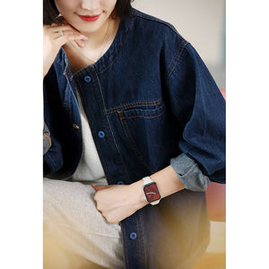 Áo khoác denim retro dài tay cổ tròn một túi vuông - NU9098