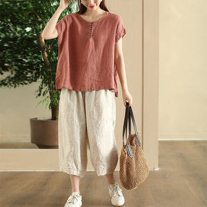 Áo T-shirt linen sát nách cổ tròn khuy cài form rộng - NU9052