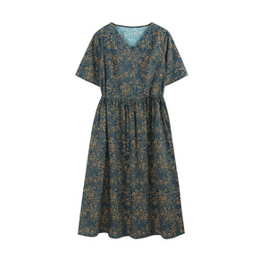 Đầm liền linen ngắn tay cổ V in hoa lá retro chiết eo - NU10033