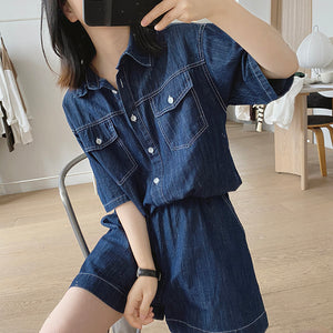 Bộ đồ denim gồm quần sooc và áo sơ mi ngắn tay cổ đức - NU8682
