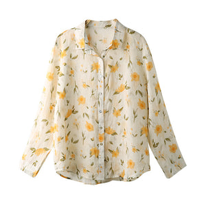 Áo sơ mi linen dài tay cổ đức in hoa lá - NU9626