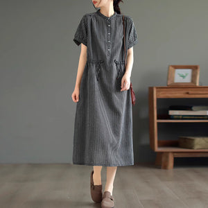 Đầm liền linen ngắn tay cổ V kẻ sọc eo kiểu thắt dây - D045