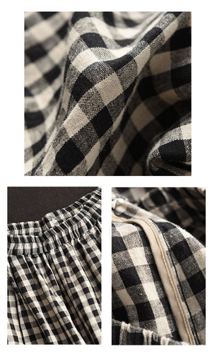 Quần baggy linen lưng thun kẻ caro gấu bo chun - Q209