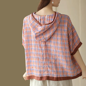 Áo hoodies linen ngắn tay kẻ caro - NU8908