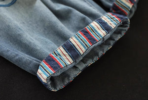 Quần baggy lửng denim lưng thun thêu những vạch màu - NU8902